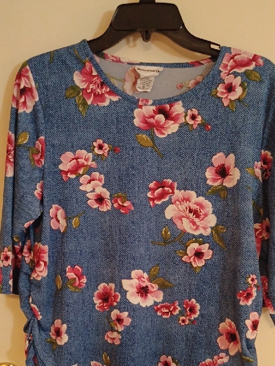 Bon Worth Tops - Bon Worth Blue Floral 3/4  Sleeve Top with Pink Flowers